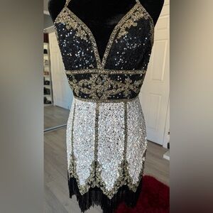 Sherri Hill Black and Gold Sequin Mini Dress